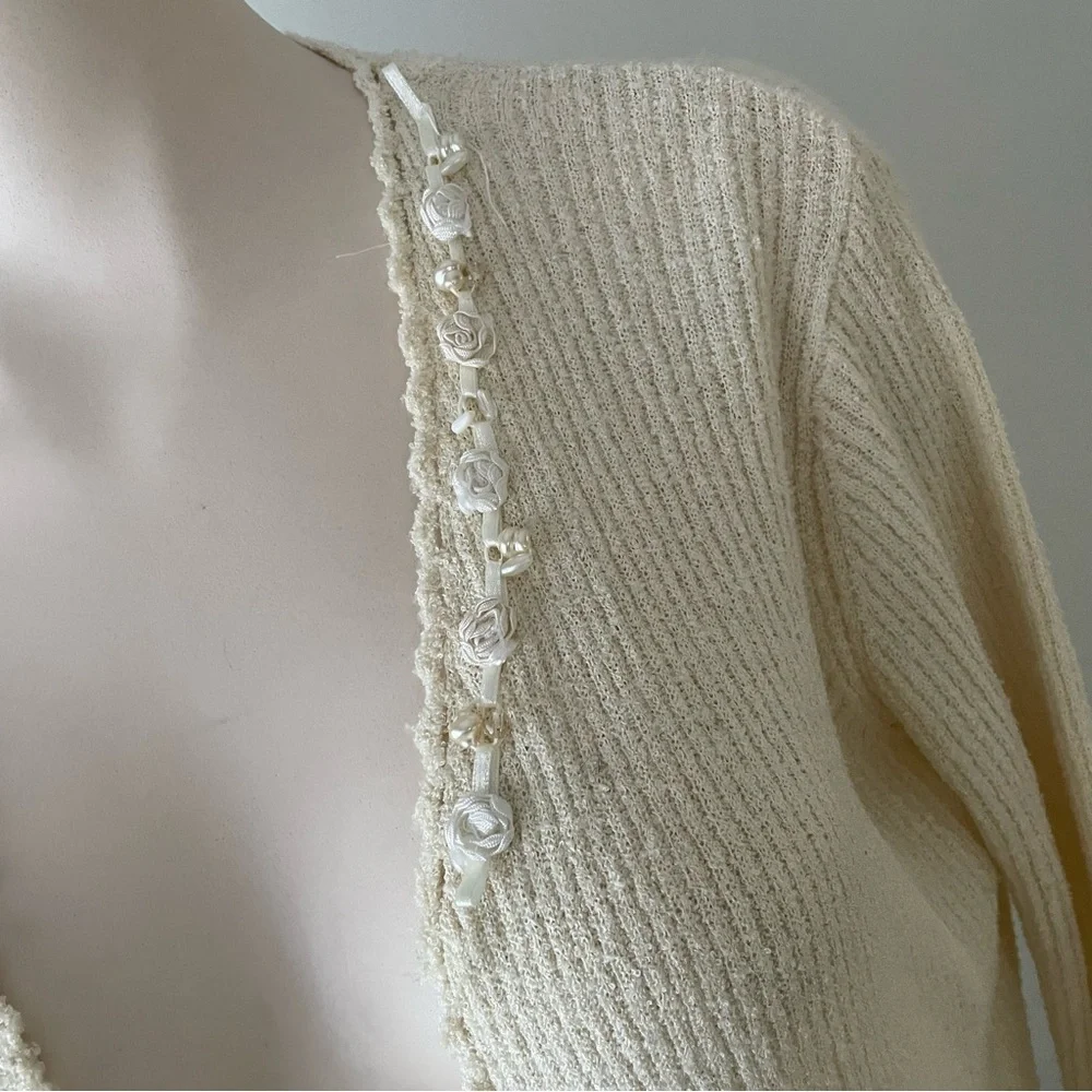 Vintage April Cornell Open Embellished Beaded Faux Pearl Knit Cardigan Granny - Picture 3 of 10